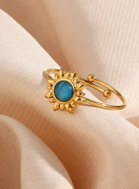 英国george melis欧美时尚复古黑色玛瑙可调节猫眼石小太阳戒指