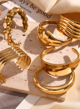 英国george melis欧美简约小众多层光面手饰镀18k金立体竹节开口