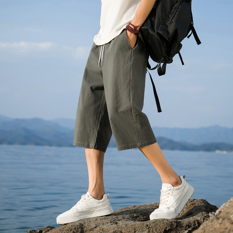 日系复古工装七分裤男夏季加肥加大码潮胖人宽松休闲中裤直筒裤子 - 图1