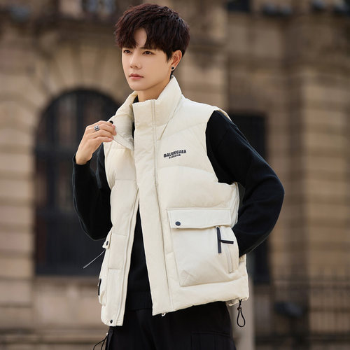 羽绒短款马甲男运动简约立领羽绒马夹休闲面包服保暖外套帅气背心 - 图1