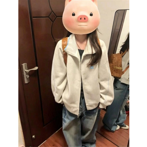美式哈苏线立领开衫卫衣女春秋宽松慵懒风情侣运动外套棒球服上衣 - 图0