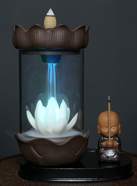静尘 跨境专供防风罩小和尚白莲花LED灯倒流香炉家居饰品摆件原创