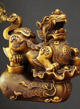 铜瑞祥纯黄铜财福貔貅钱袋皮丘一对摆件家居客厅铜招财摆饰办公室