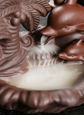 跨境紫砂檀香倒流炉创意沙滩海浪椰树海豚倒流香香炉家居工艺摆件