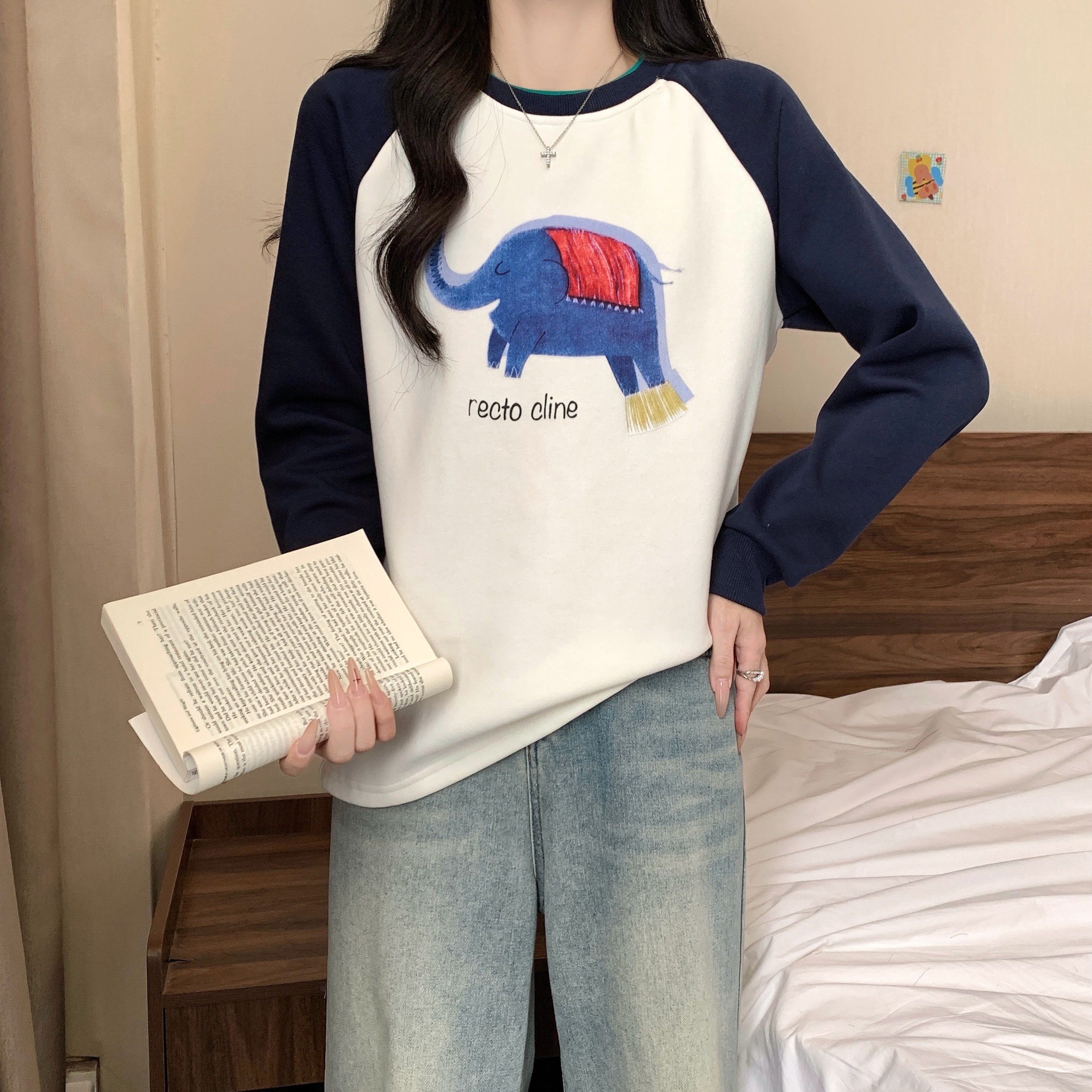 实拍加绒银狐绒大码女装撞色卫衣百搭简约休闲上衣胖MM遮肉宽松,淘宝优惠券,粉丝福利购,淘宝优惠卷