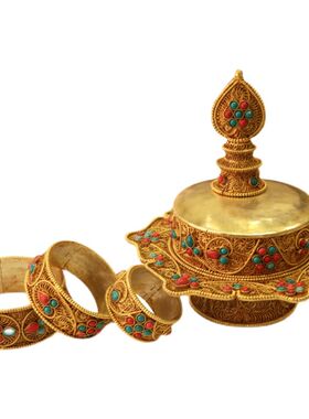 尼泊尔纯手工红铜掐丝曼扎 曼茶罗镶嵌松石积累福报佛堂供品