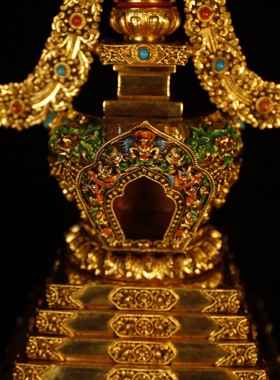 释迦族佛塔尼泊尔手工纯铜镀金雕花噶当塔供奉49cm菩提塔宝塔摆件