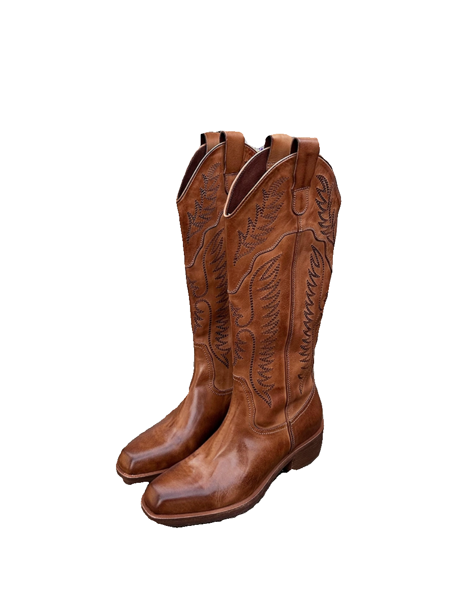 欢哥/高筒靴马皮西部靴电绣复古V口显瘦牛仔靴中跟女真皮长靴子,淘宝优惠券,粉丝福利购,淘宝优惠卷