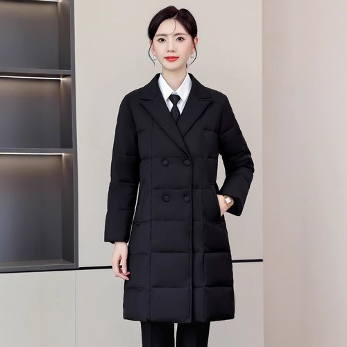 富家公子风西装领中长款羽绒服女冬季商务保暖外套棉袄衣proudfox - 图0