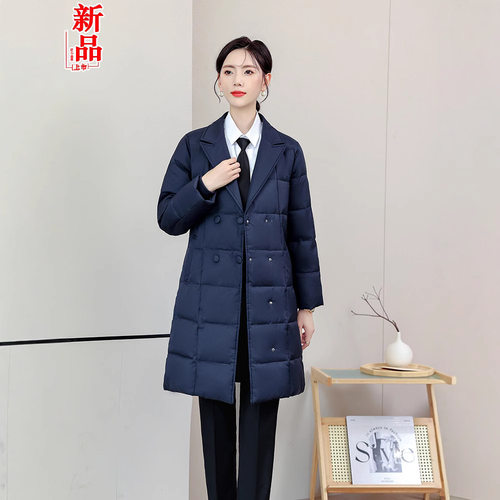 富家公子风西装领中长款羽绒服女冬季商务保暖外套棉袄衣proudfox - 图2