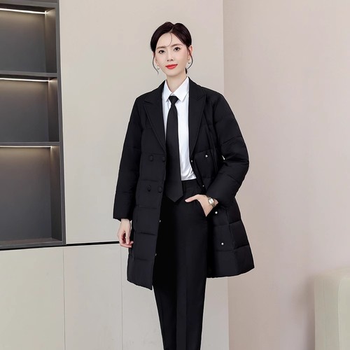 富家公子风西装领中长款羽绒服女冬季商务保暖外套棉袄衣proudfox - 图1