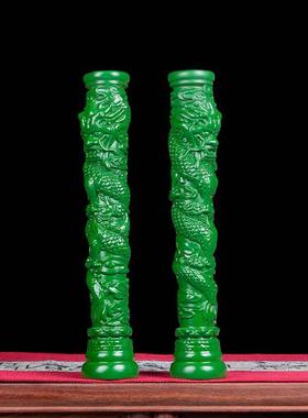 绿色实木雕刻盘龙柱摆件中式生肖龙家居酒柜桌面装饰品红木工艺品