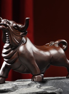 檀木雕摆件牛实木头雕刻动物生肖家居客厅办公司玄关店铺开业礼品