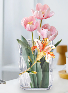 珐琅彩百合花玻璃花瓶家用客厅电视柜办公室花瓶摆件家居装饰品