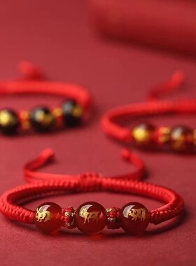 新款红绳手链红玛瑙三合生肖本命年男女新中式黑绳手绳饰品情侣款