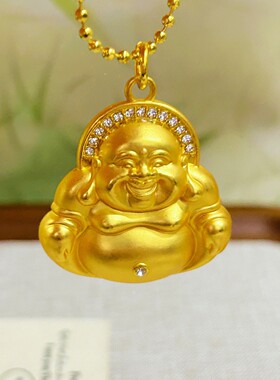 沙金饰品镶钻大肚佛吊坠项链男女仿真金弥勒佛挂坠小众高级感配饰