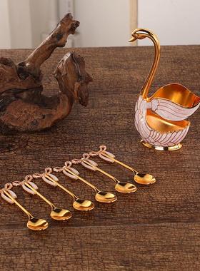 纯铜天鹅底座创意餐具欧式水果叉子甜品小勺子可爱咖啡勺组合套装