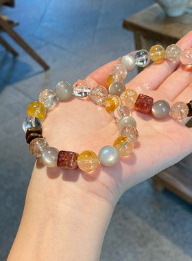 天然水晶黑金超七手链女原创设计款奶茶月光石财富黄胶花手串新款