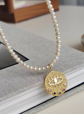 AU750纯18K金进口莫桑石D色硬币预言之眼淡水珍珠项链女时尚单品