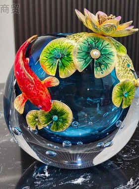 新中式高档琉璃鱼荷花花瓶摆件客厅珐琅彩家居玄关电视柜装饰