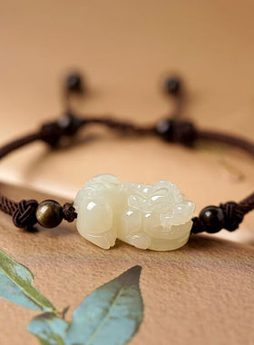 红沃喜财貔貅玉石手链女和田玉小貔恘手串情侣黑绳红绳皮丘手绳[