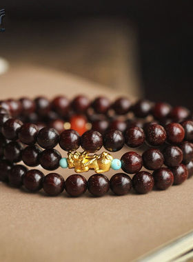 皇彰【幽玄】TIAN然印度小叶紫檀带金星多圈手串999huang金貔貅手