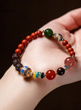 奈维斯汀品牌朱砂手串女草莓晶小叶紫檀多宝手链珠饰品生日礼物52