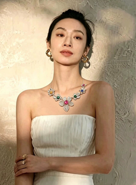韩系复古彩宝花朵项链女 重工镂空花卉镶钻锁骨链礼服轻奢配饰