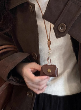 复古豹纹皮质零钱包吊坠项链女长款挂脖配饰挂饰高级感挂件毛衣链