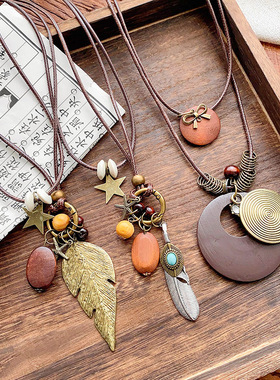 项链女长款新中式禅意羽毛百搭民族风装饰波西米亚吊坠配饰毛衣链