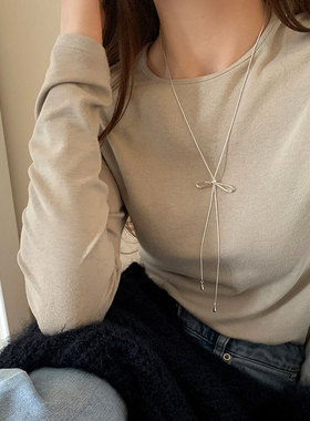 银色蝴蝶结吊坠抽拉式项链女长款挂脖配饰韩系日常百搭毛衣链卫衣