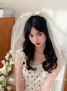 米白色蝴蝶结领证头纱情人节发饰生日发夹新娘求婚拍照头饰道具女