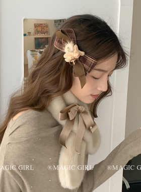 秋冬学院风毛绒小兔子格纹蝴蝶结发夹女小众美拉德弹簧夹发饰发卡