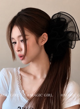 超仙白色泡泡网纱香蕉夹发饰女新款抓夹马尾夹子头饰气质发夹竖夹