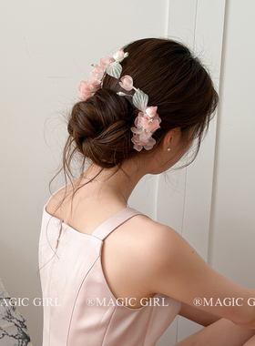 粉色发饰新中式花朵发夹女旗袍汉服配饰头饰古风侧边流苏订婚夹子