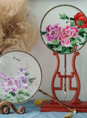 汴绣苏绣手工双面绣中式茶台摆件台屏汉服团扇礼物