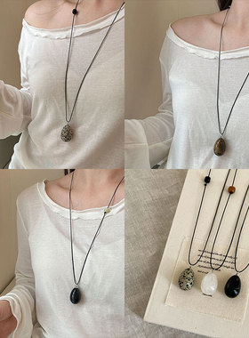 鸽子蛋水滴天然石黑绳长款项链女简约个性百搭气质时尚颈链毛衣链