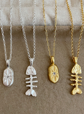 欧美潮流椭圆星芒鱼骨金属吊坠项链女小众个性轻奢时尚颈链锁骨链