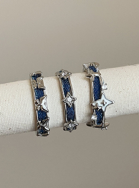复古轻奢蓝色牛仔布星芒蝴蝶戒指女设计感个性时尚潮流指环戒子