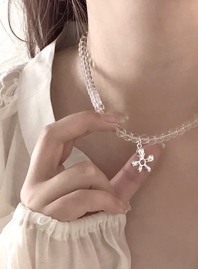 不规则花朵白色透明水晶串珠纯银项链女锁骨链甜酷时尚个性小众