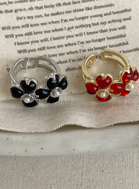 设计感锆石花朵珍珠双层戒指女简约时尚潮流气质通勤百搭指环戒子