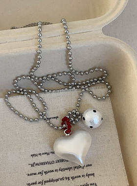 小众拉丝爱心波点棉花珍珠吊坠项链女韩国ins时尚百搭颈链毛衣链