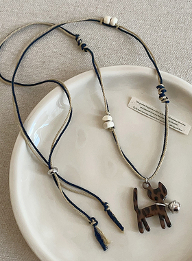 韩系豹纹铃铛猫咪抽拉编绳项链女简约个性可爱时尚百搭颈链毛衣链