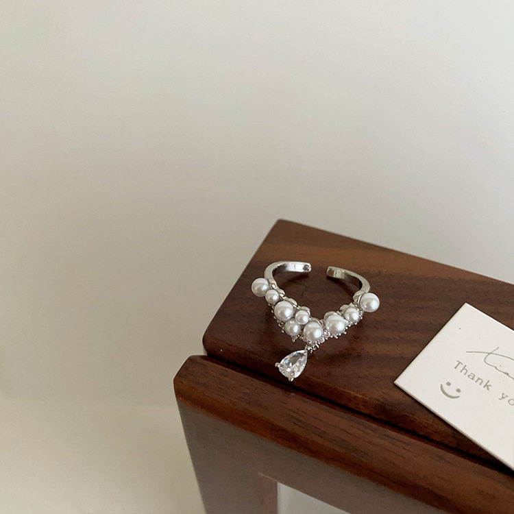 Pearl Zirconia Tassel Metal Open Ring