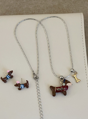 卡通潮流滴油腊肠狗项链耳钉女萌趣可爱时尚气质百搭颈链毛衣链