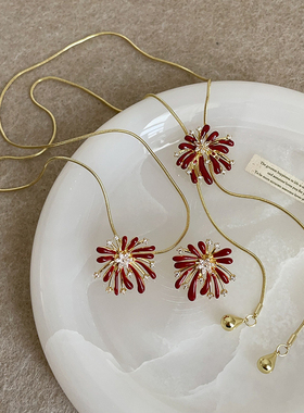 轻奢复古红色烟花锆石抽拉项链耳钉女气质潮流时尚通勤颈链毛衣链