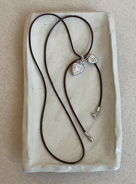 棕绳抽拉双爱心锆石项链女小众甜酷个性气质时尚潮流颈链毛衣链