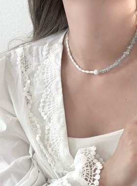 小清新浅蓝色天然石拼接贝壳珠项链女甜美优雅精致百搭颈链锁骨链