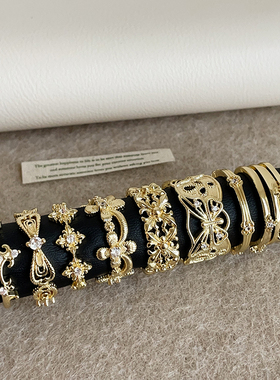 轻奢高级感锆石花朵蝴蝶结金色戒指女小众复古轻奢时尚指环戒子