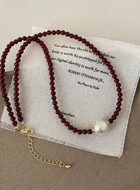 安可拉红串珠棉花珍珠项链女轻奢高级感优雅时尚百搭颈链毛衣链